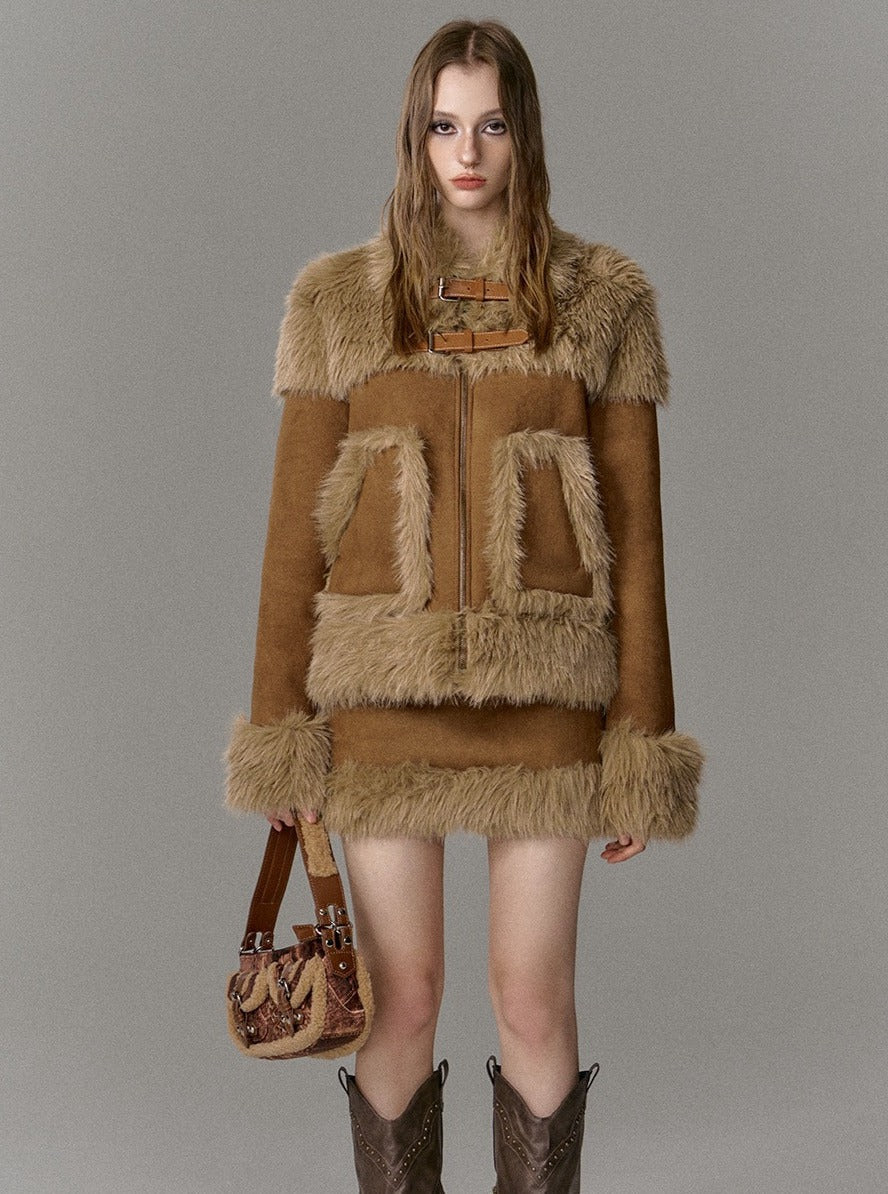 Suede Fur Skirt And Jacket Two-Piece Set - chiclara