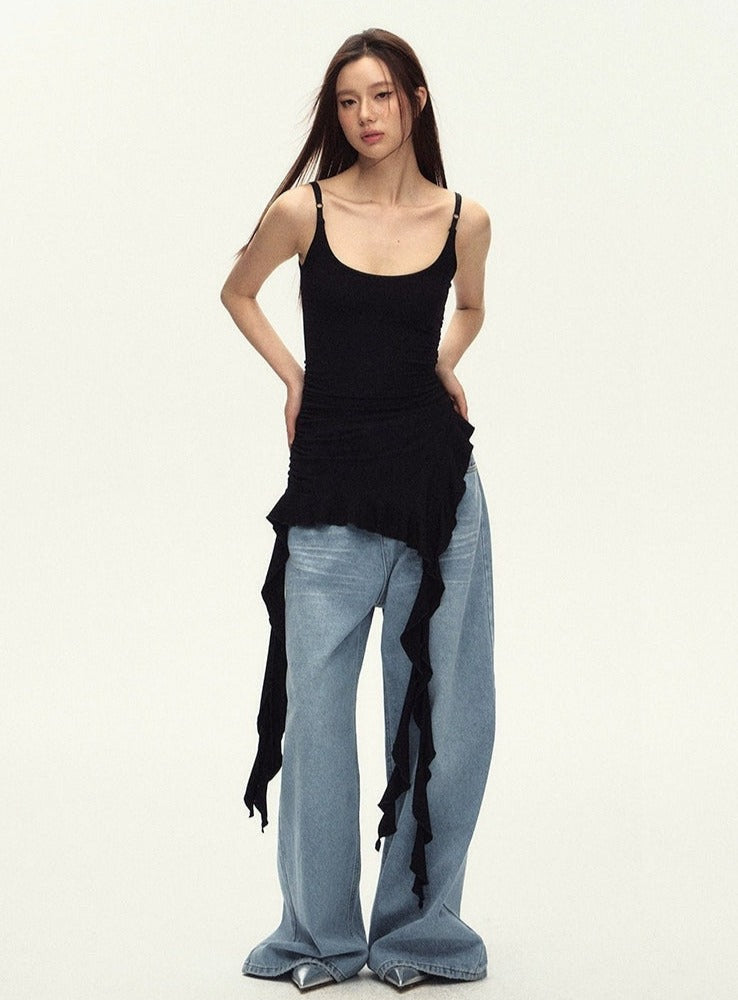 Ruched Asymmetric Black Cami Top