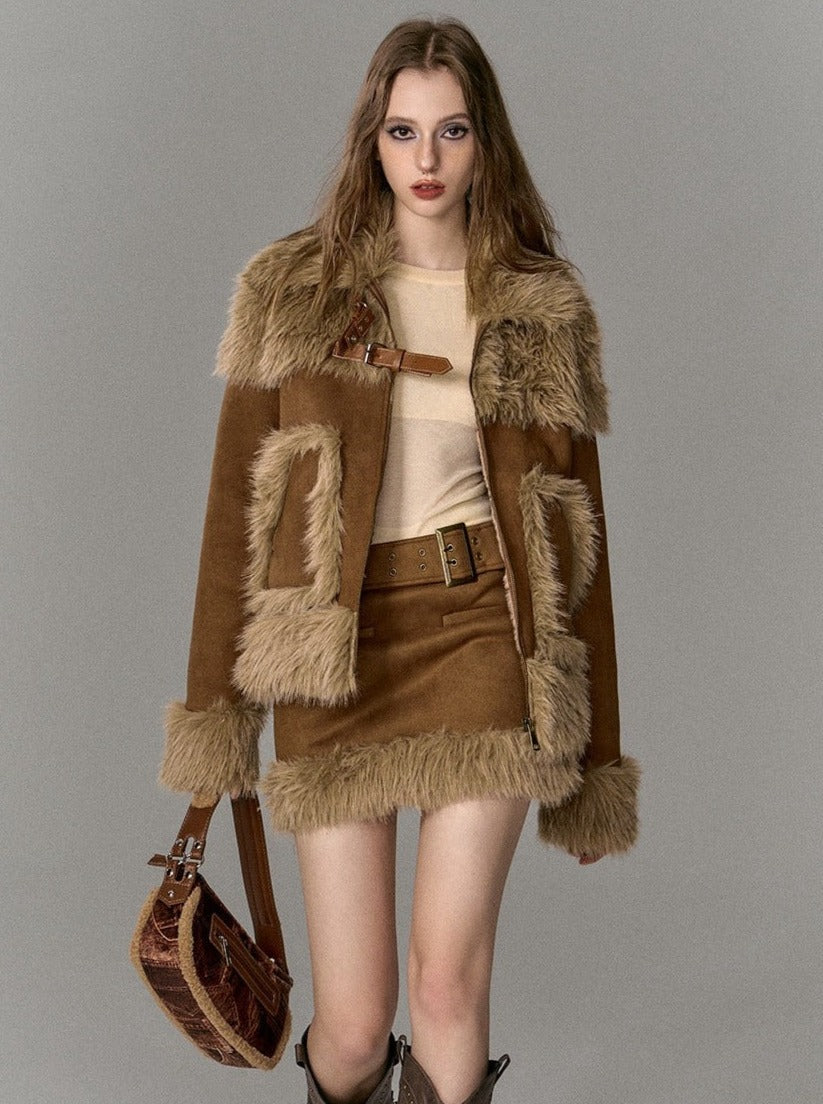 Suede Fur Skirt And Jacket Two-Piece Set - chiclara