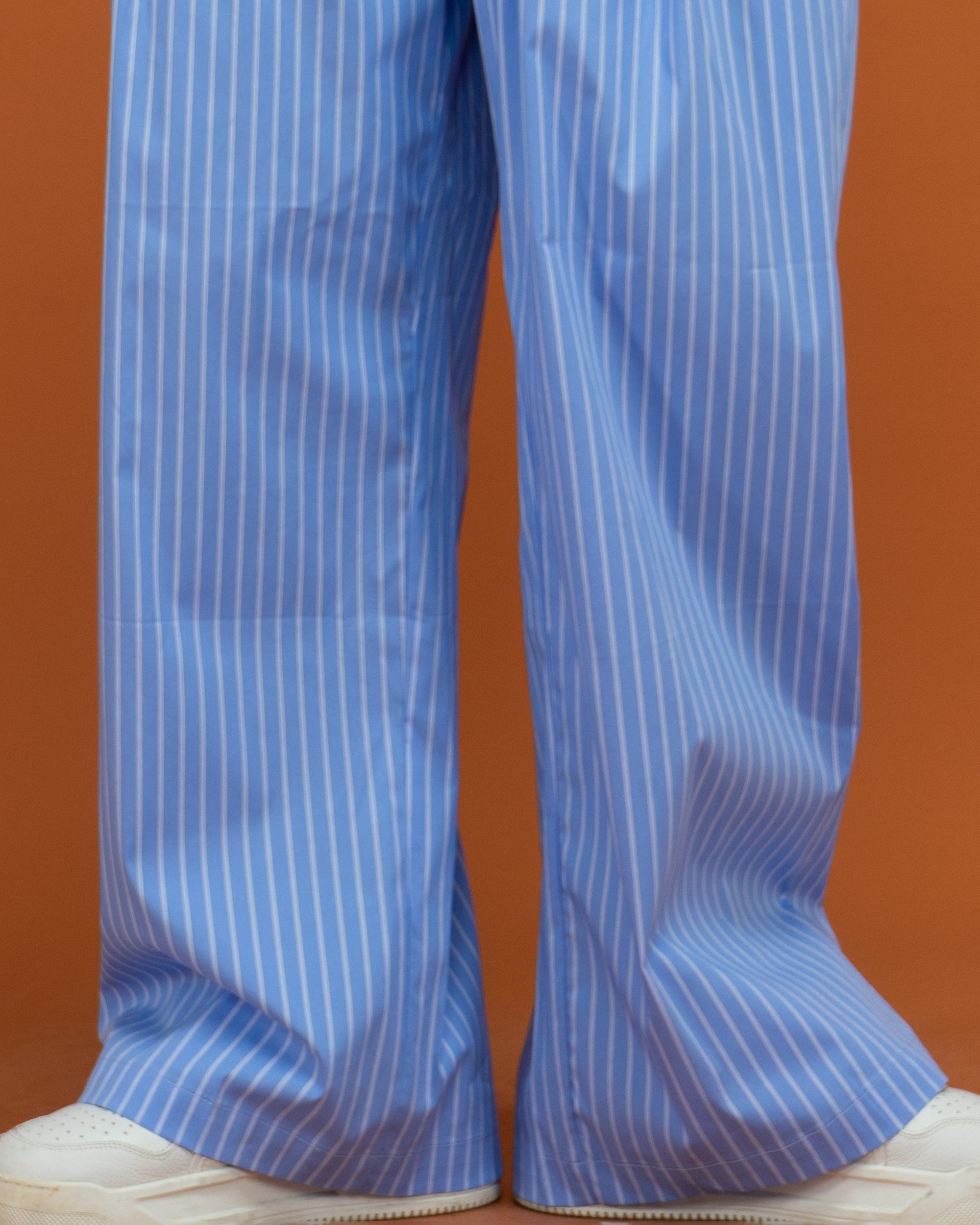 Blue Pinstripe Drawstring Wide-Leg Pants
