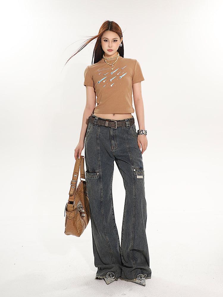 Full-Length Washed and Distressed Straight-Leg Jeans - chiclara