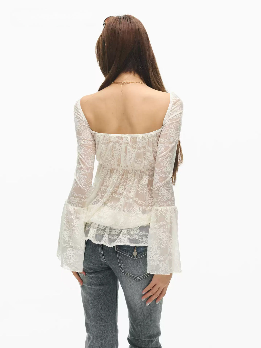 Blush-Ruffle Ivory Lace Bell-Sleeve Top - view 3