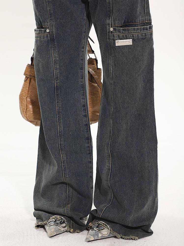 Full-Length Washed and Distressed Straight-Leg Jeans - chiclara