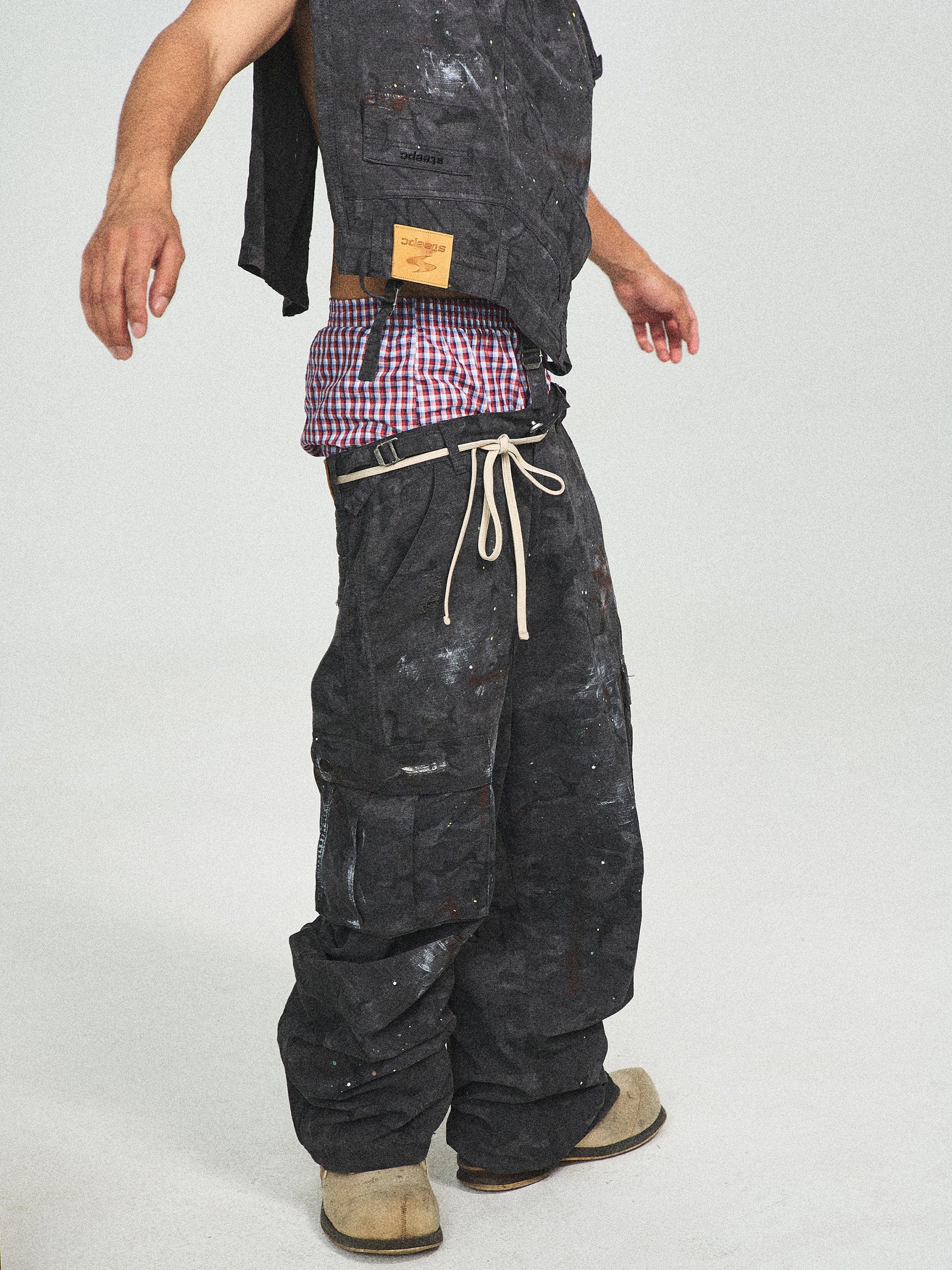 Ink-Splashed Black Cargo Pants