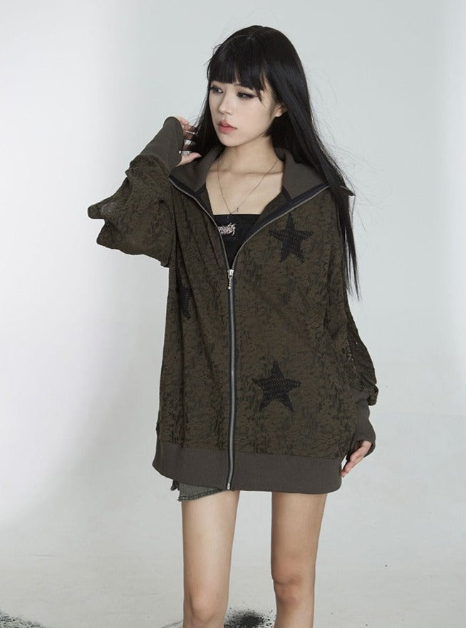 ARIADNAw Star-Embellished Zip-Up Jacket - Charcoal Gray (Unisex)