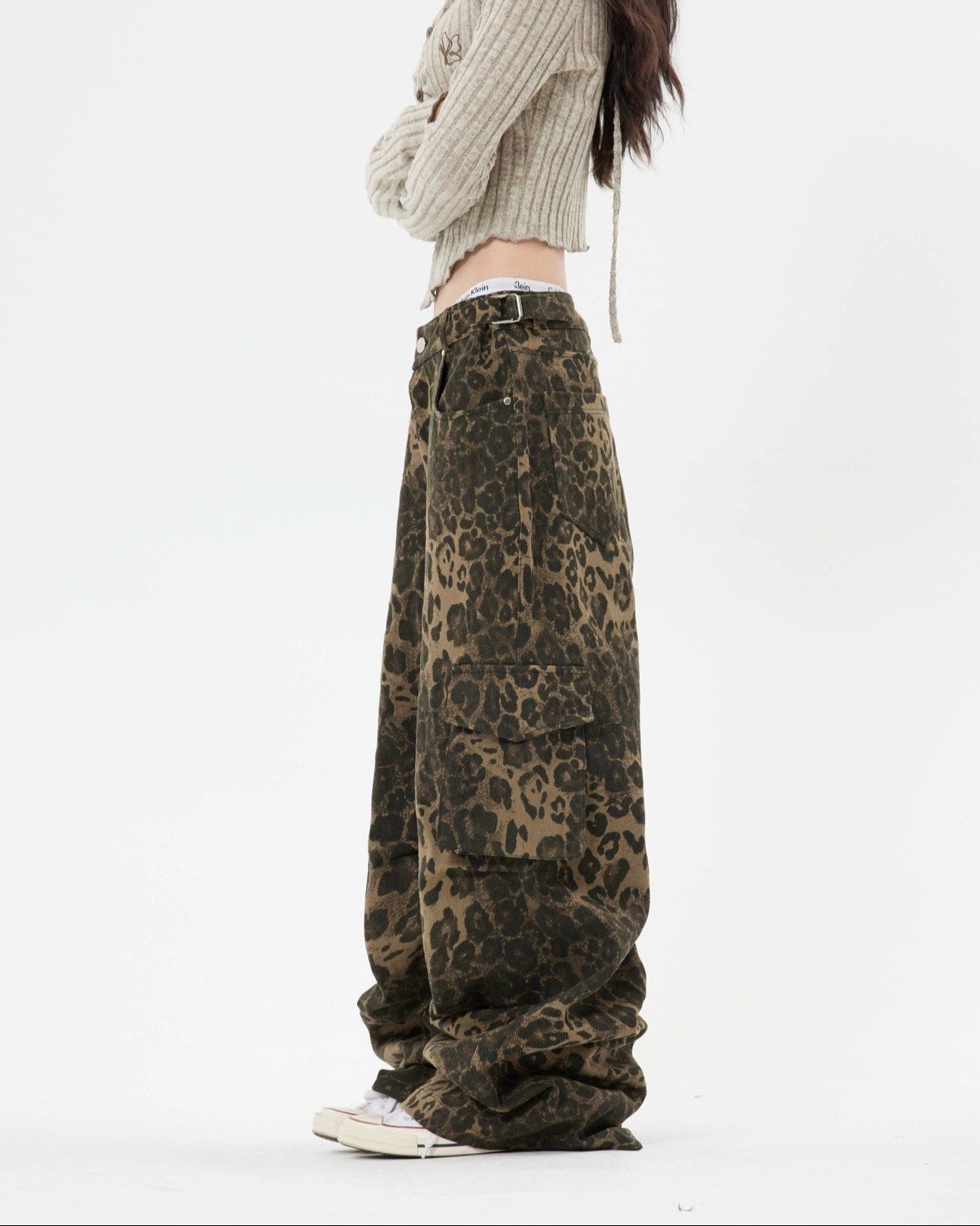 Double Sided Belt Leopard Print Wide Leg Cargo Pants