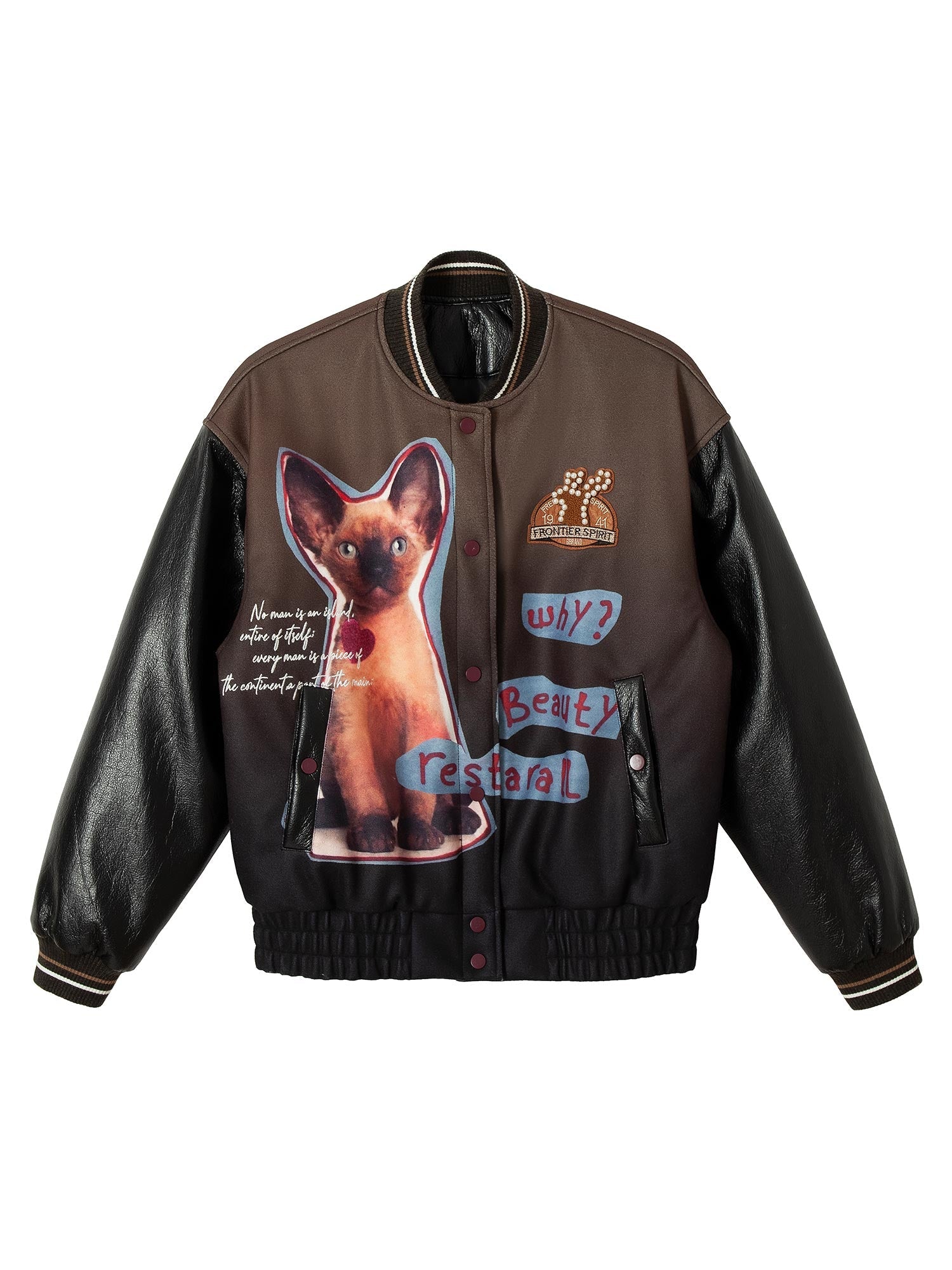 Thesupermade Siamese Cat Embroidery Leather Bomber Jacket - 2217