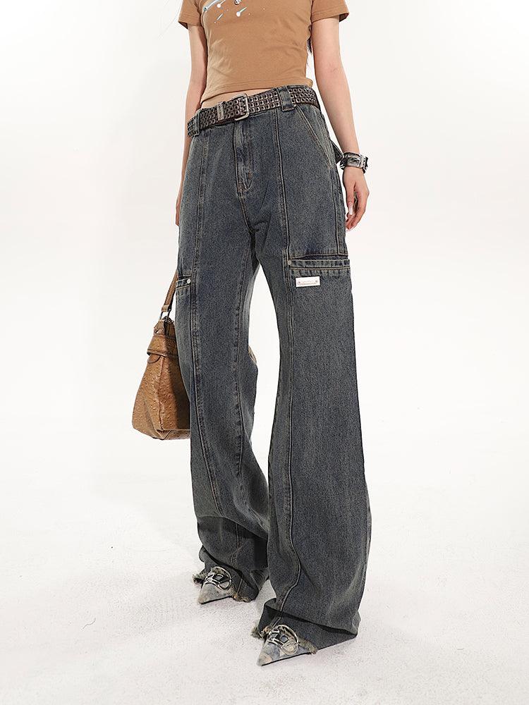 Full-Length Washed and Distressed Straight-Leg Jeans - chiclara