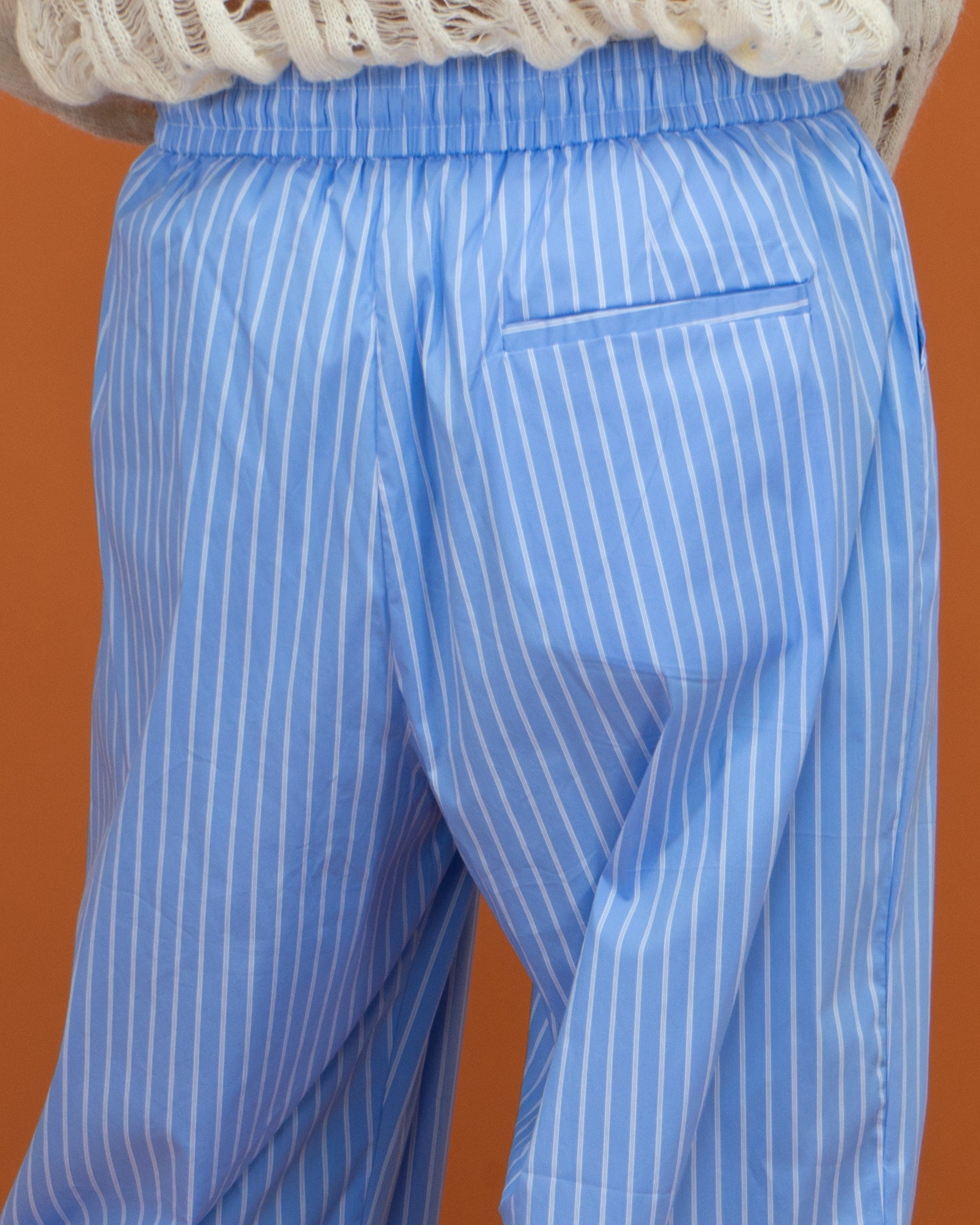 Blue Pinstripe Drawstring Wide-Leg Pants