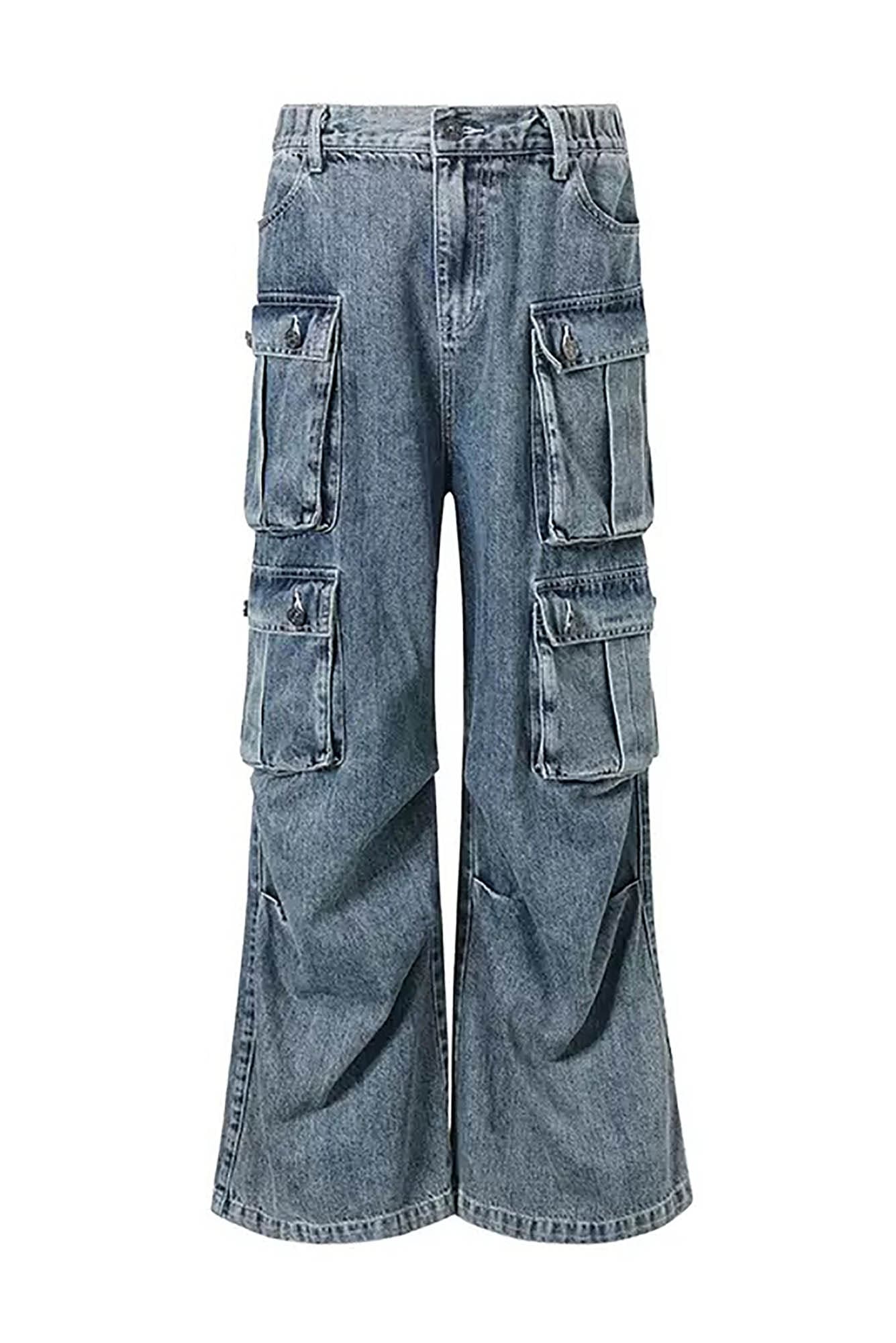 Multi-Pocket Pleated Wide-Leg Cargo Jeans