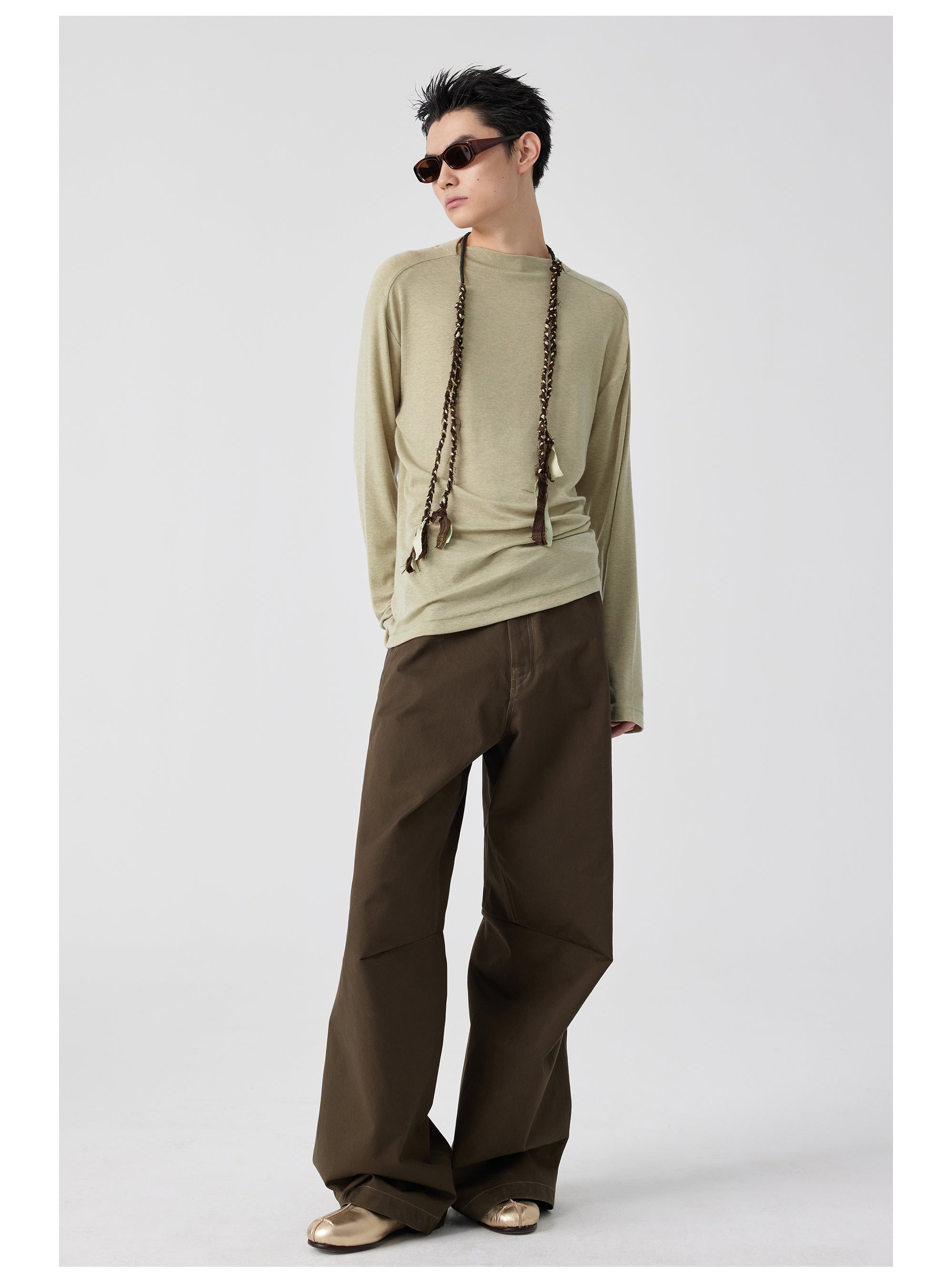 Wide-Leg Cotton Trousers With Darted Knees