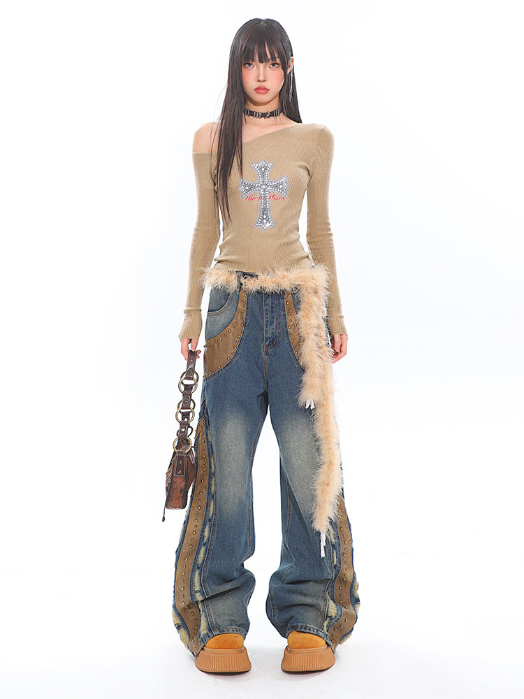 Studded Distressed Wide Leg Jeans