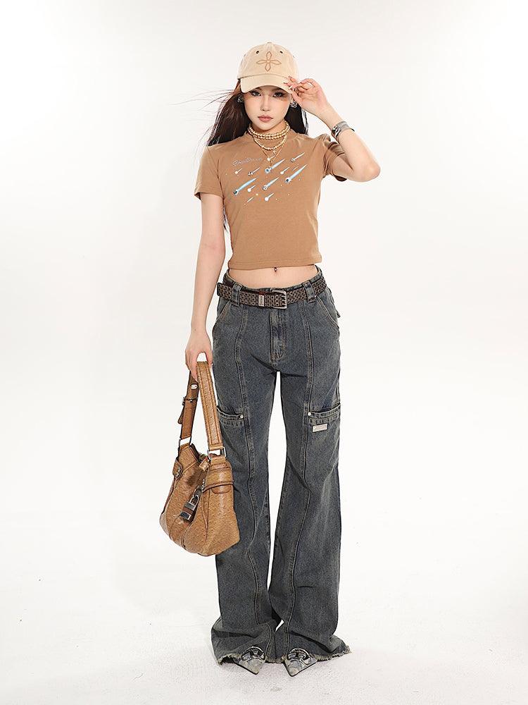 Full-Length Washed and Distressed Straight-Leg Jeans - chiclara