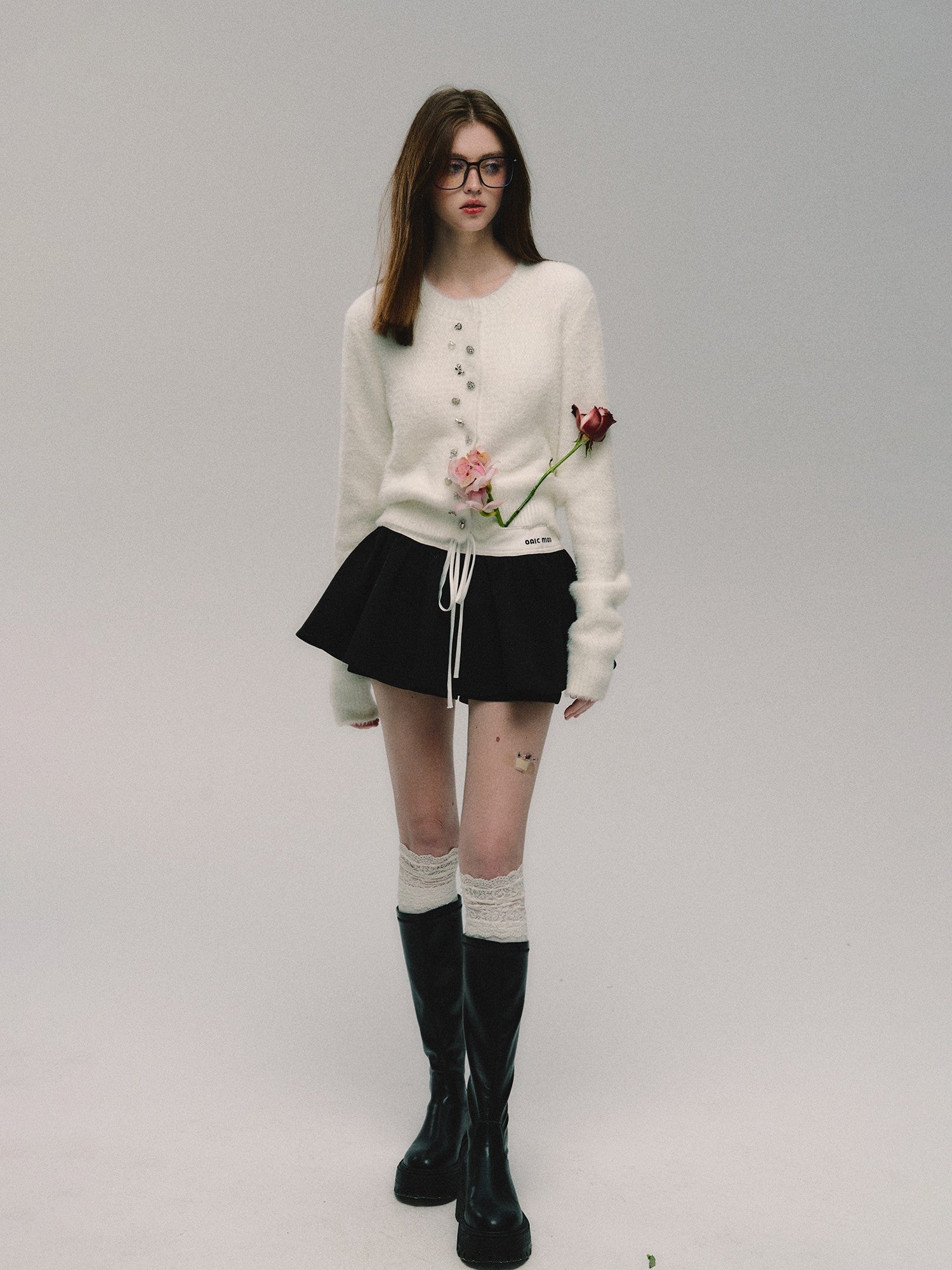 White Fuzzy Crystal Button Cardigan