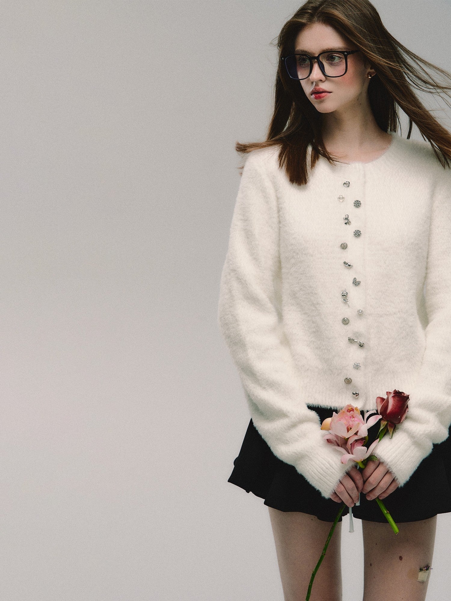 White Fuzzy Crystal Button Cardigan