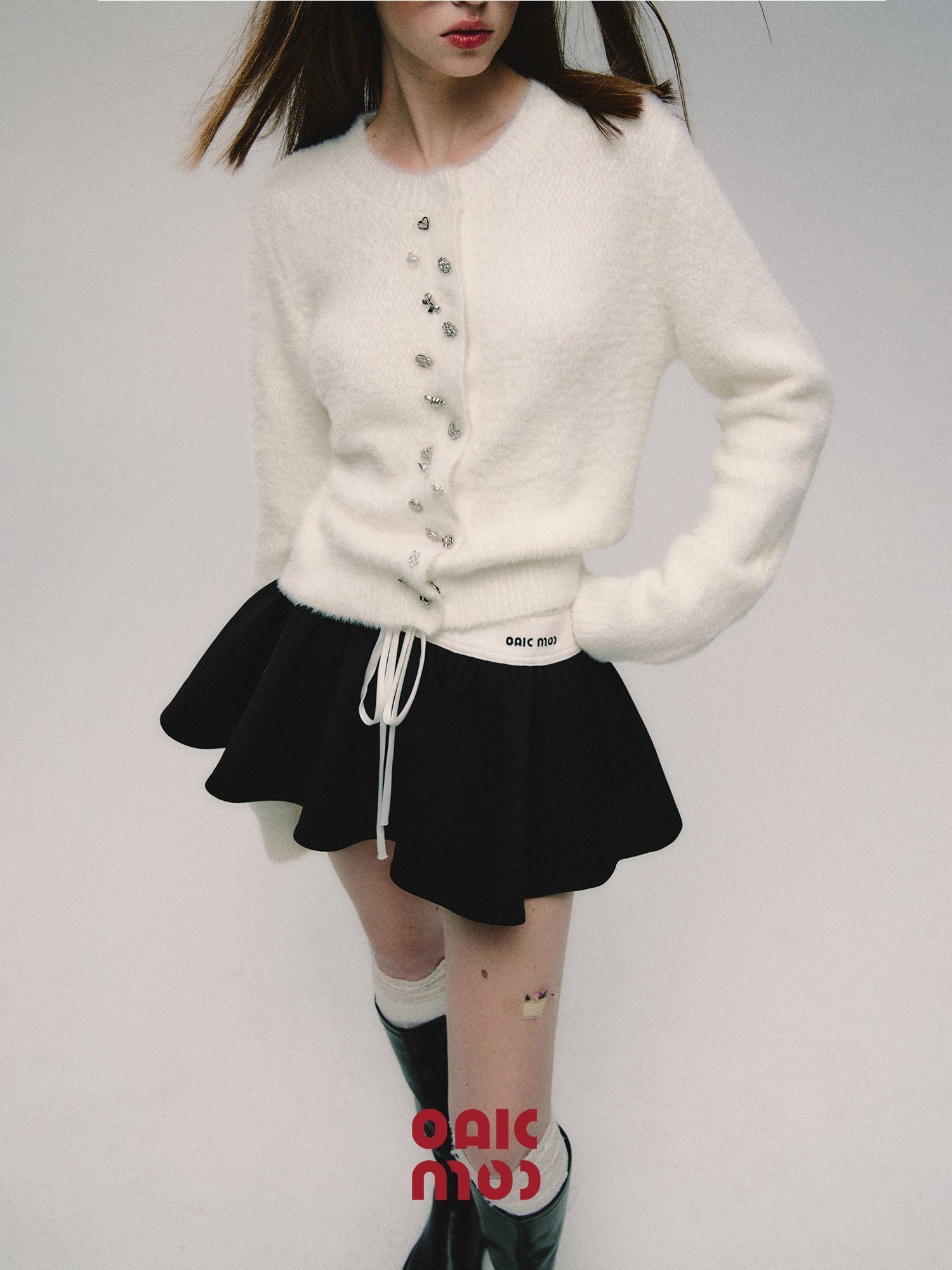 White Fuzzy Crystal Button Cardigan