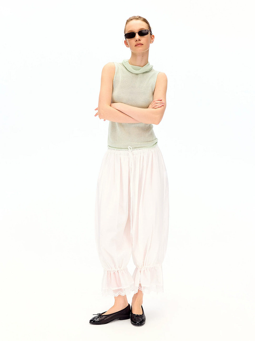 Lace Hem Drawstring Cropped Balloon Pants