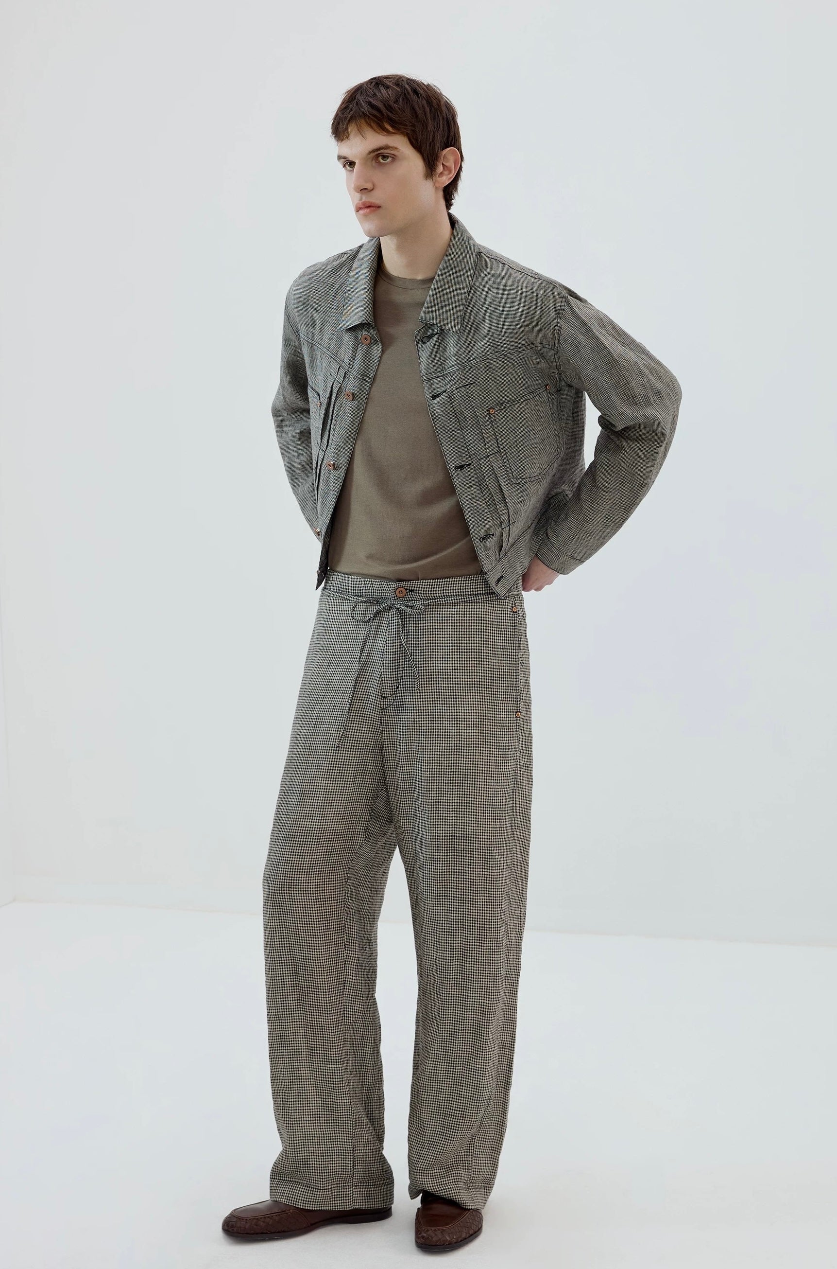 Plaid Linen Drawstring Trousers
