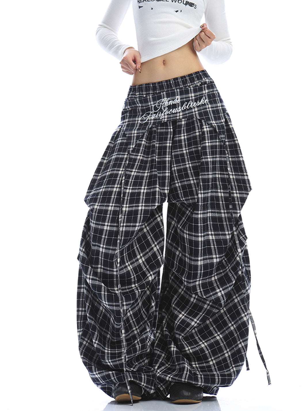 Letter Embroidered Plaid Wide-leg Pants