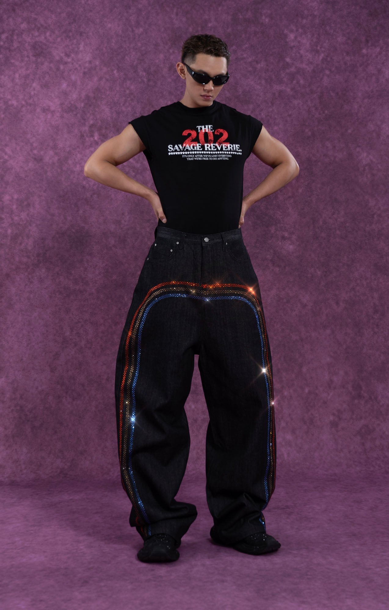 Black Rhinestone Embellished Wide-Leg Jeans