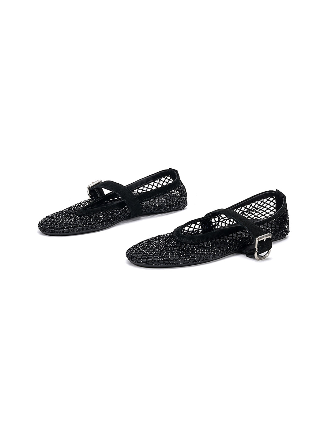 Woven Mesh Mary Jane Mules With Buckle Strap-Black