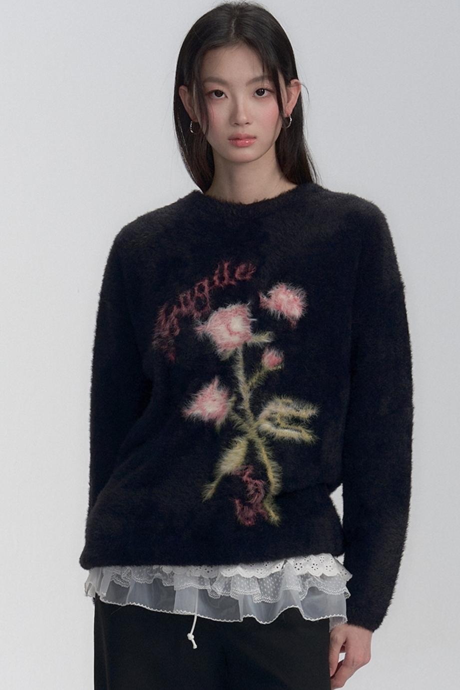 Floral Embroidered Fuzzy Sweater