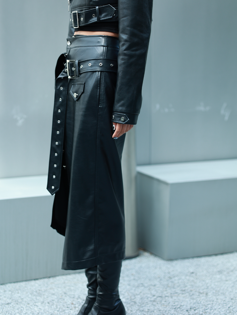 Belt Asymmetry Leather Cool Long-Skirt