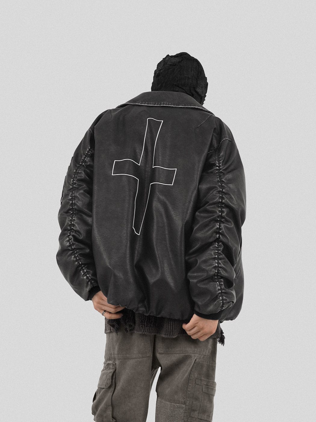 Black Leather Jacket with Cross Design