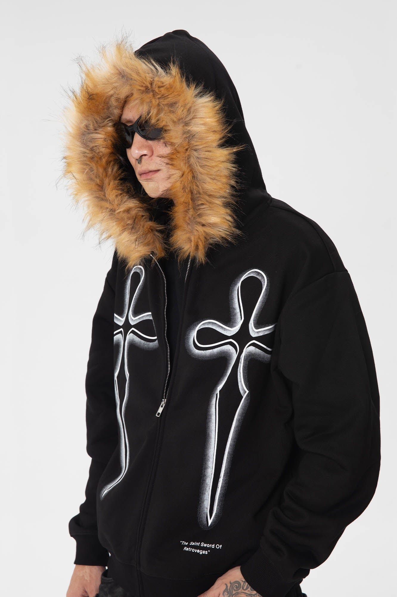 Gothic Cross Fur Hoodie Jacket