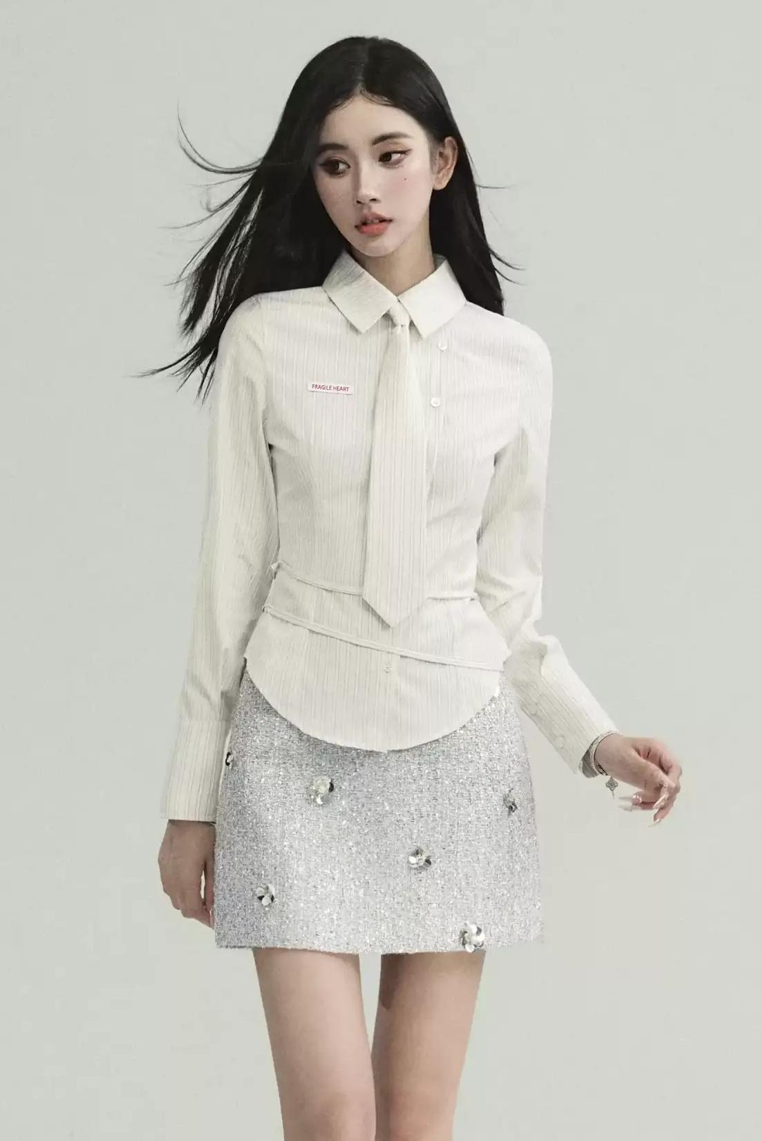 Avant-Garde Asymmetric White Button-Up Shirt with Side Tie Detail