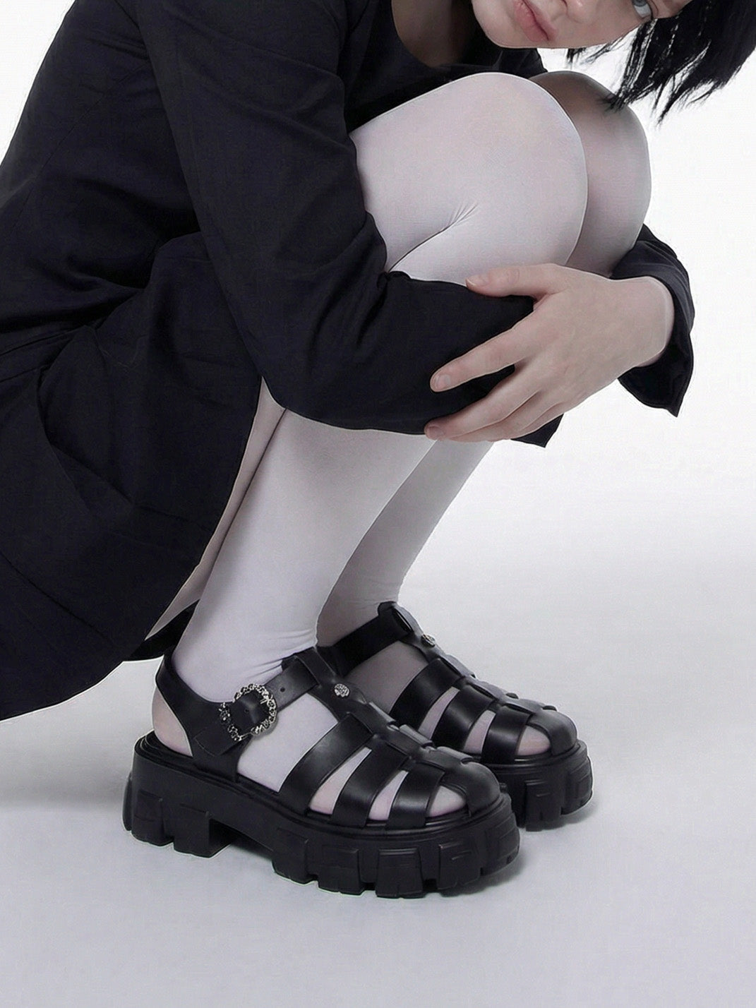 Black Chunky-Heel Roman Platform Sandals