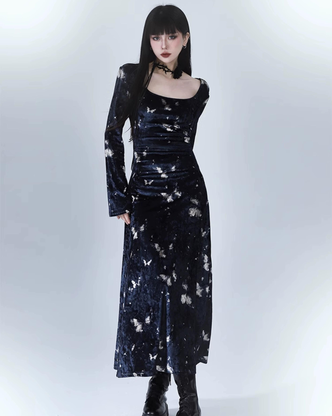 Gothic Butterfly Print Maxi Dress