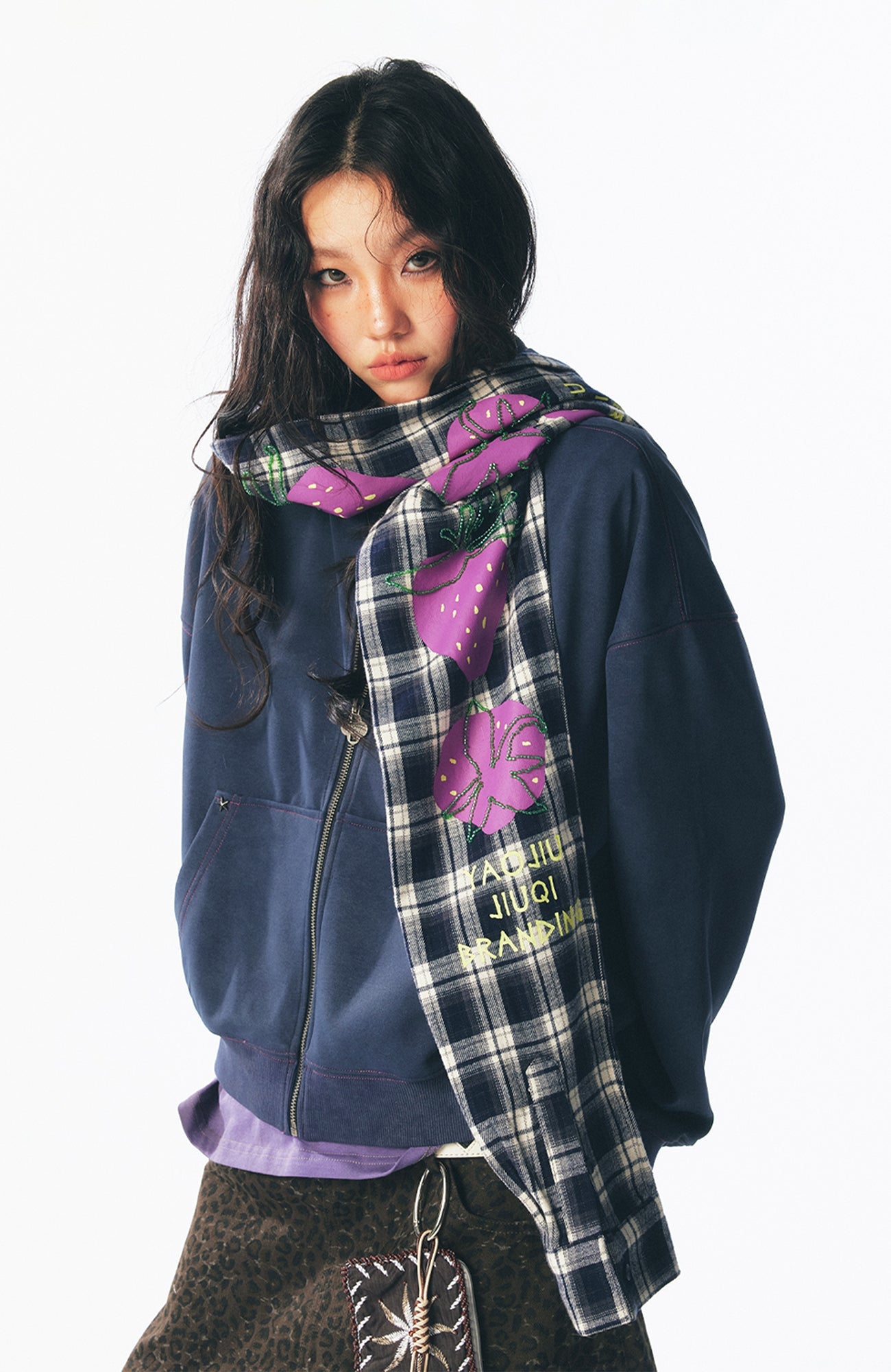 Strawberry Print Zip-Up Scarf Hoodie