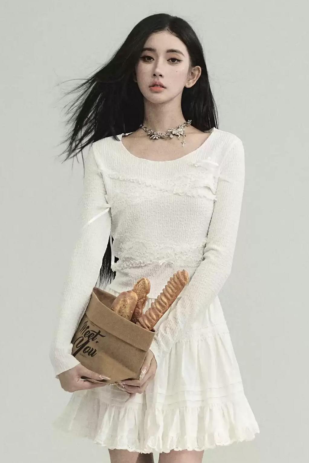 Ethereal Elegance: Ivory Long-Sleeve Crop Top with Asymmetrical Lace Overlay