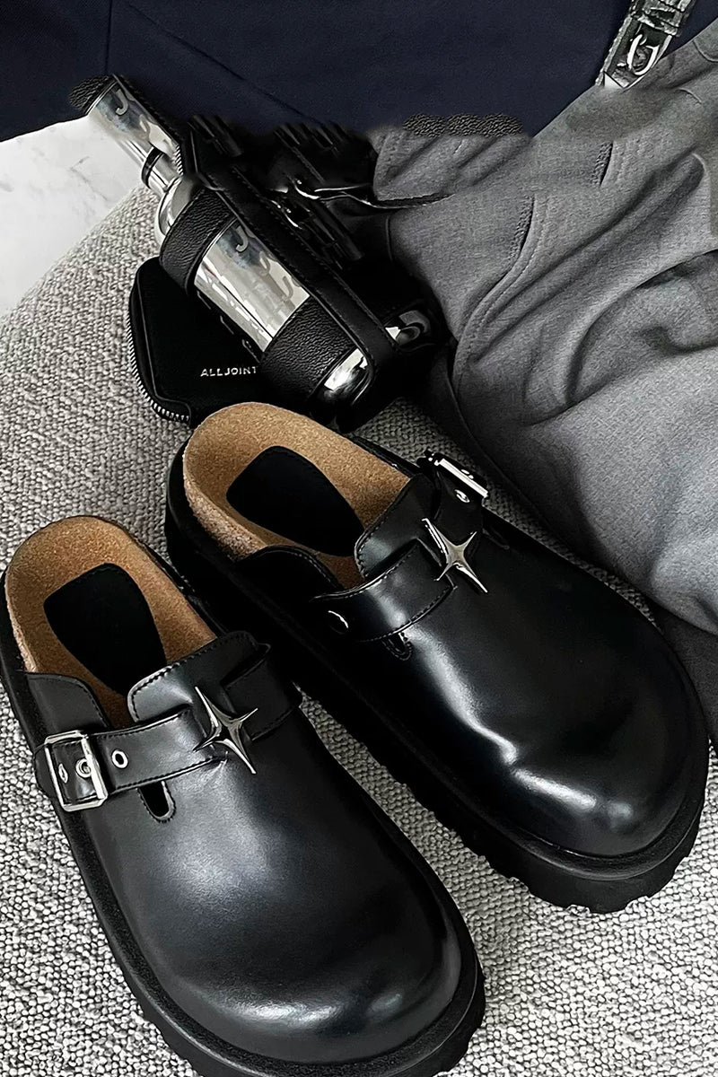 Black Leather Platform Clogs with Buckle Detail