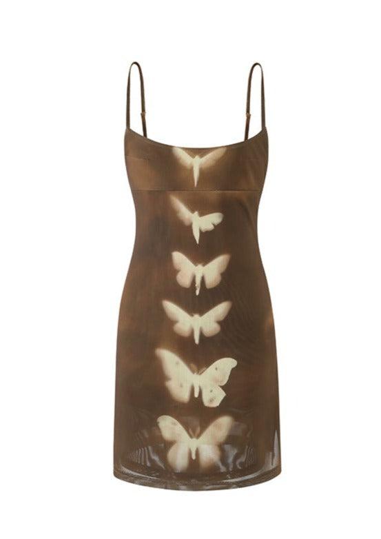 Double-Layer Mesh Butterfly Printed Slip Dress