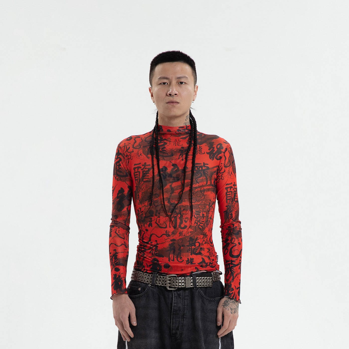 Red Chinese Calligraphy Print Turtleneck Mesh Top