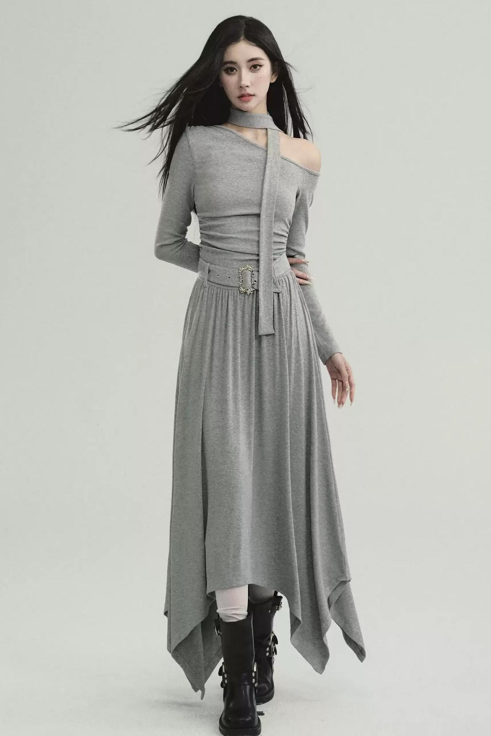 Cold Shoulder Choker Maxi Dress - Grey Gothic Asymmetric Dress