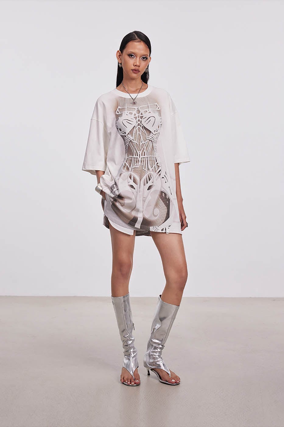 Skeleton Mesh Cutout Oversized Tee