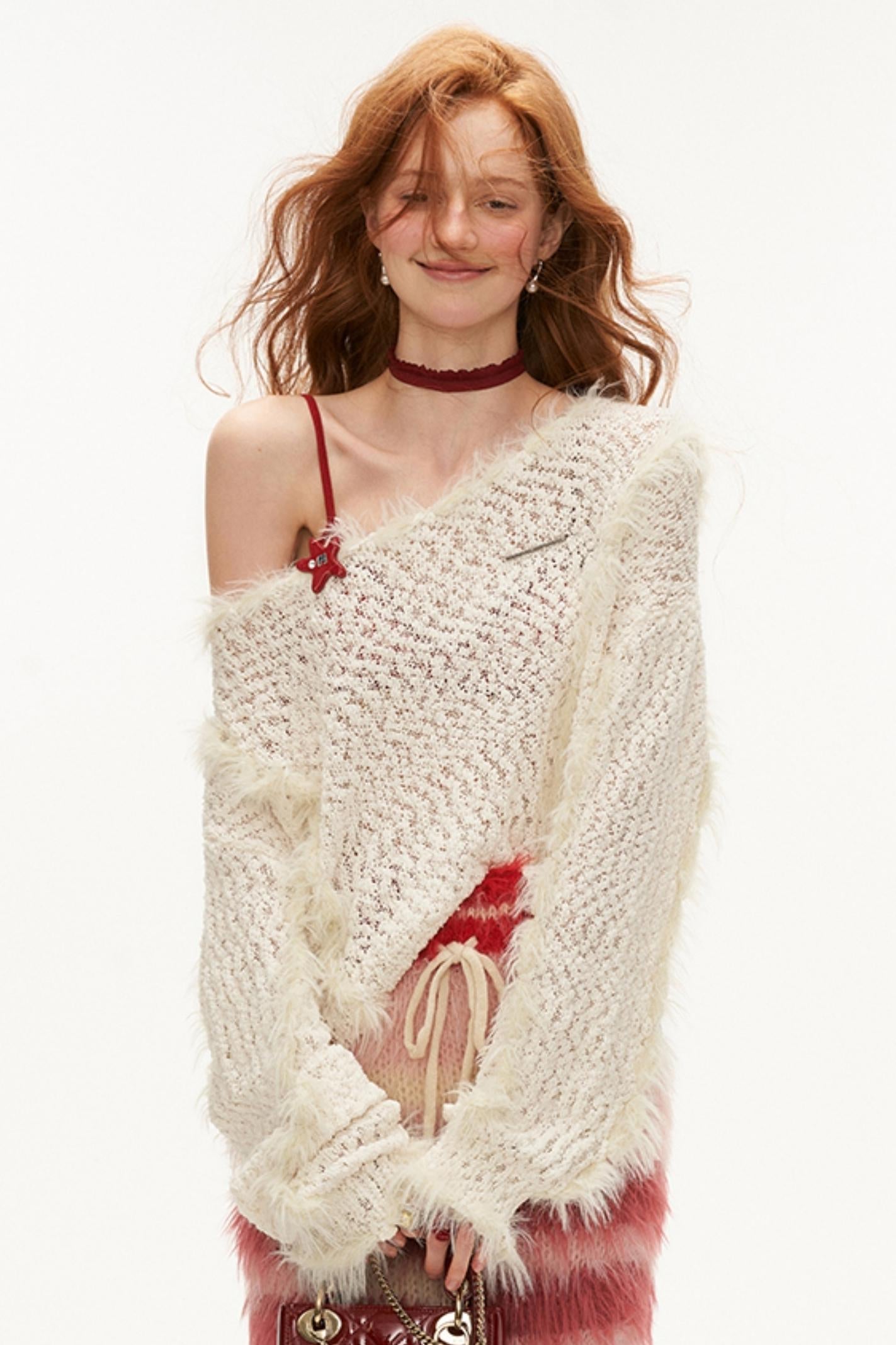 Feather Trim Off-Shoulder Sweater