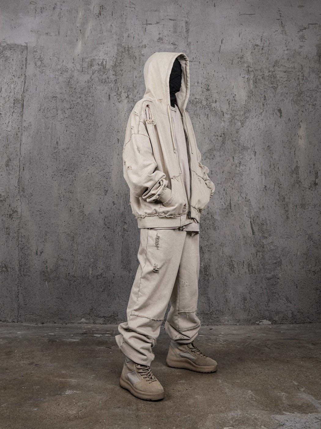 Distressed Beige Zip-up Hoodie