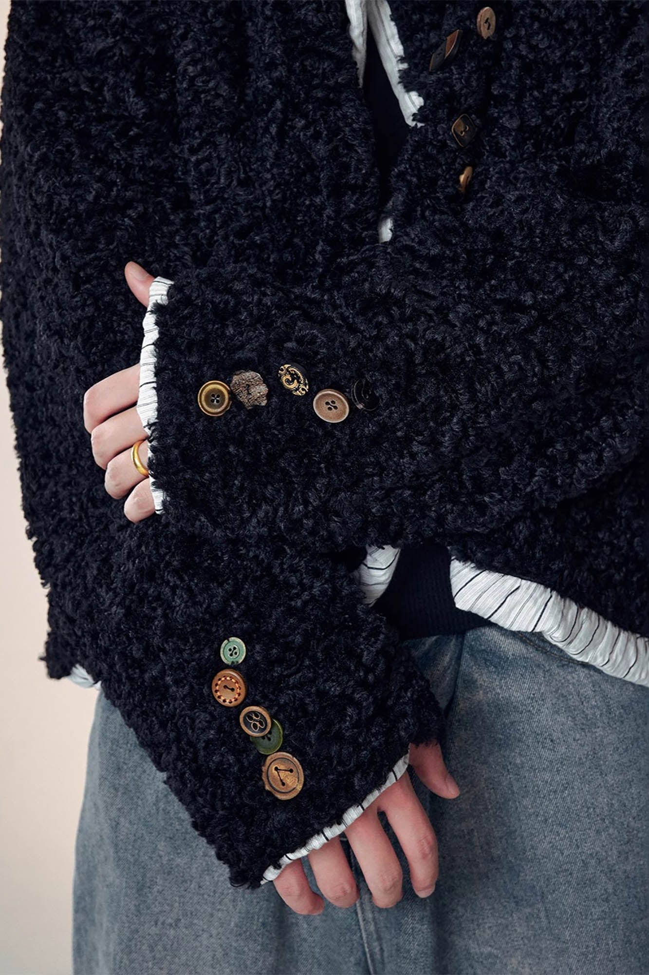 Button Embellished Curly Fleece Jacket
