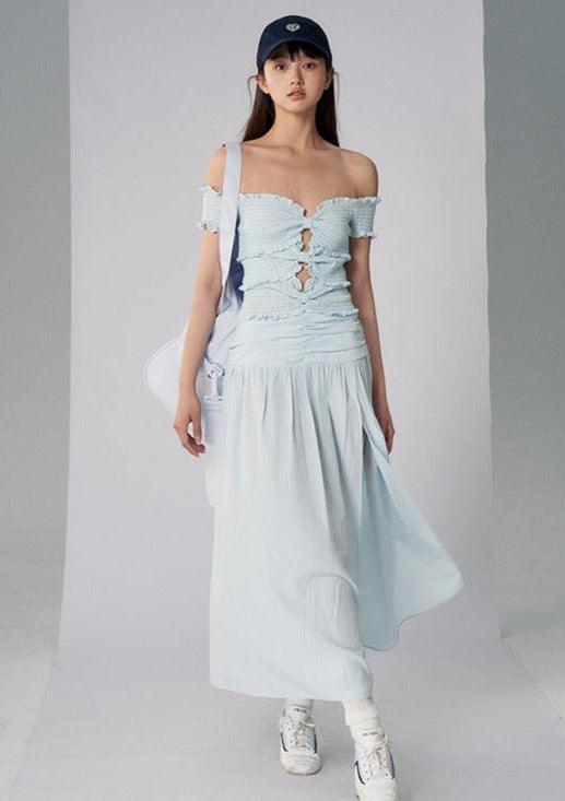 Blue Off-Shoulder Bow-Detail Pleated Long Dress