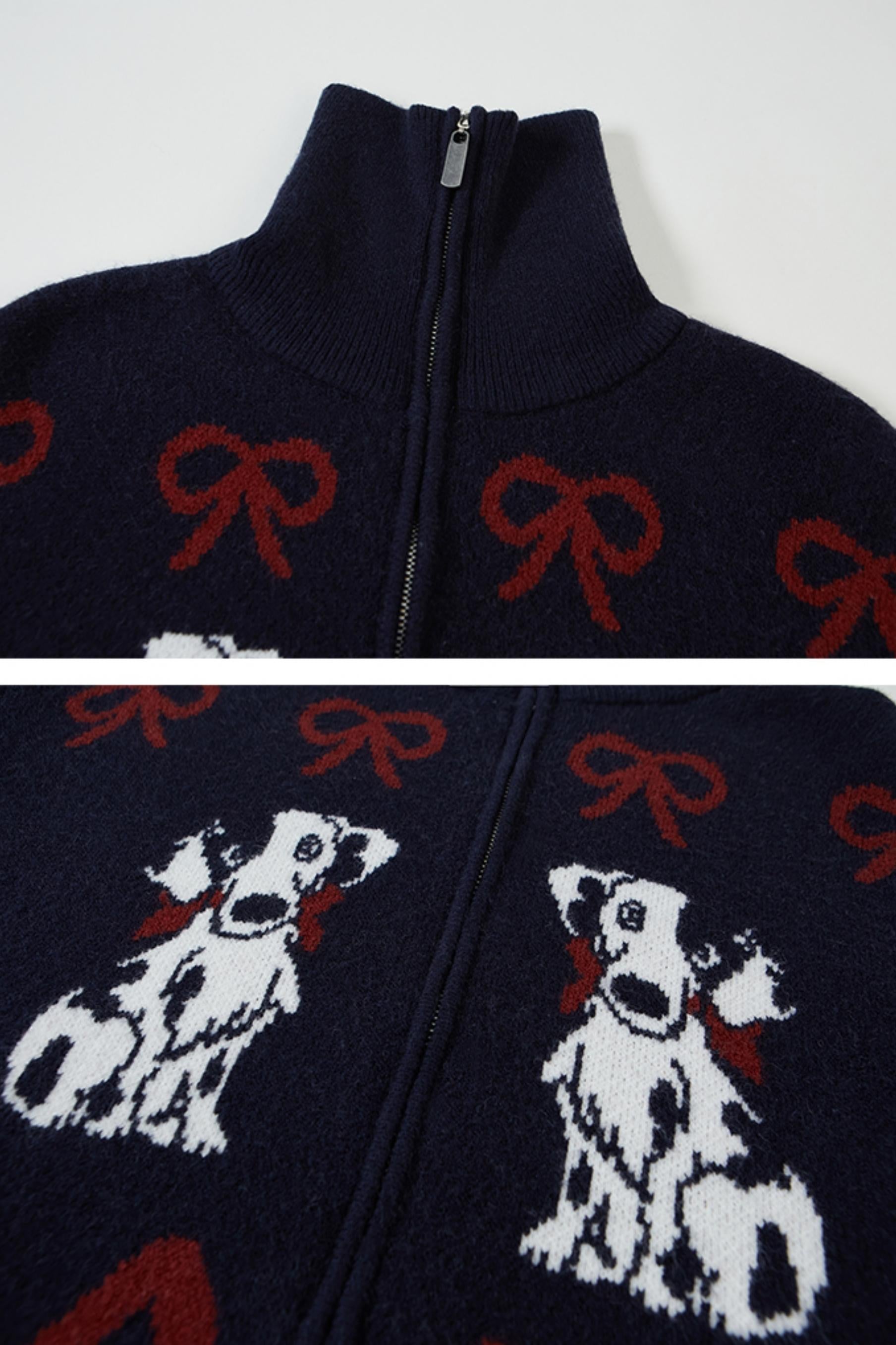 Puppy Pattern Zip Cardigan - Knit Bow Jacquard Sweater