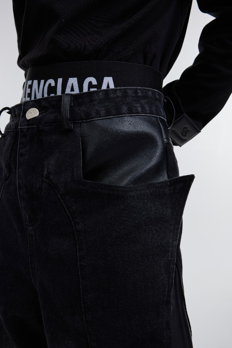 Stitched Vegan Leather Denim - chiclara