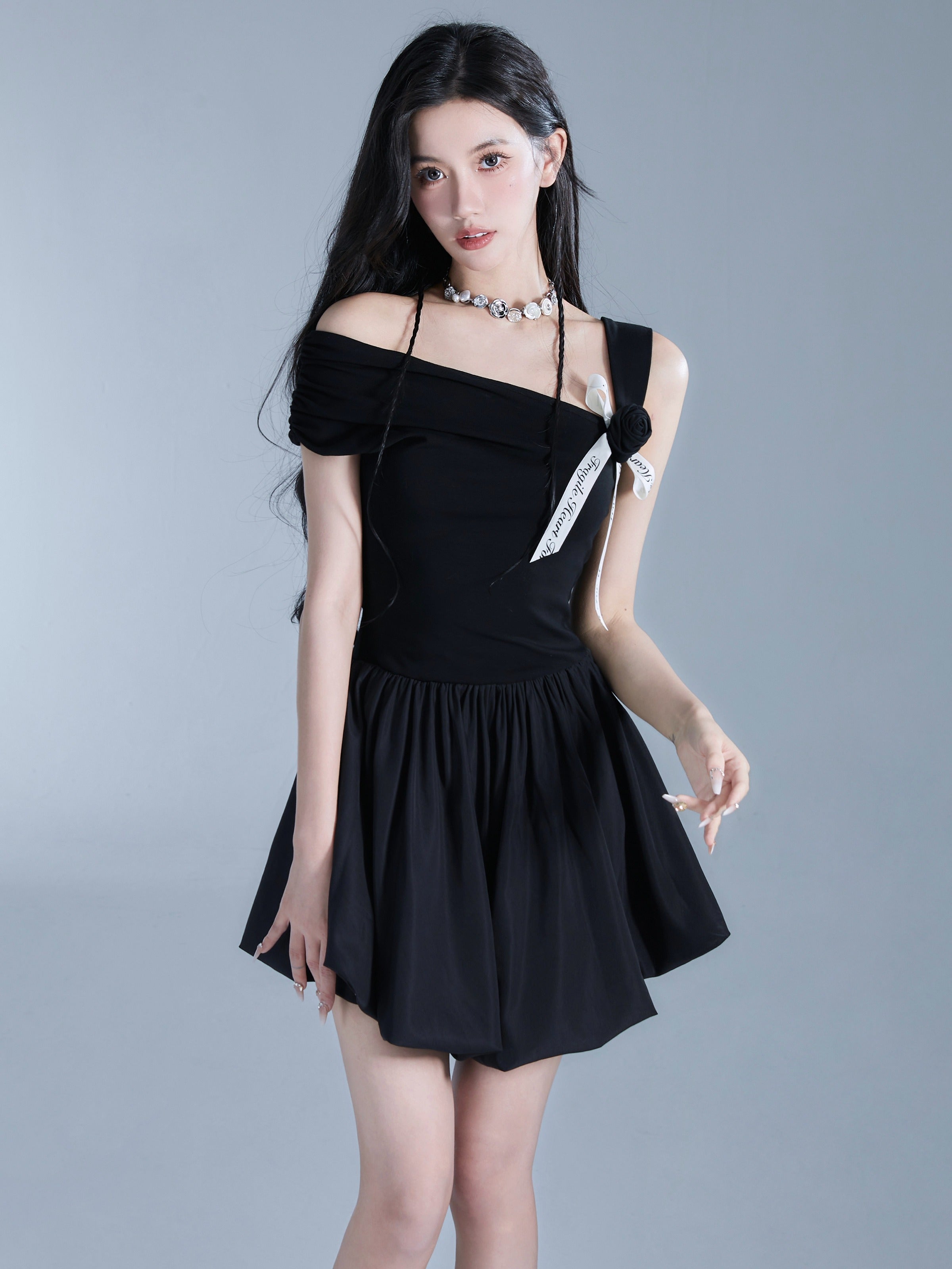 Elegant Off-Shoulder Black Mini Dress with Contrast Bow Detail