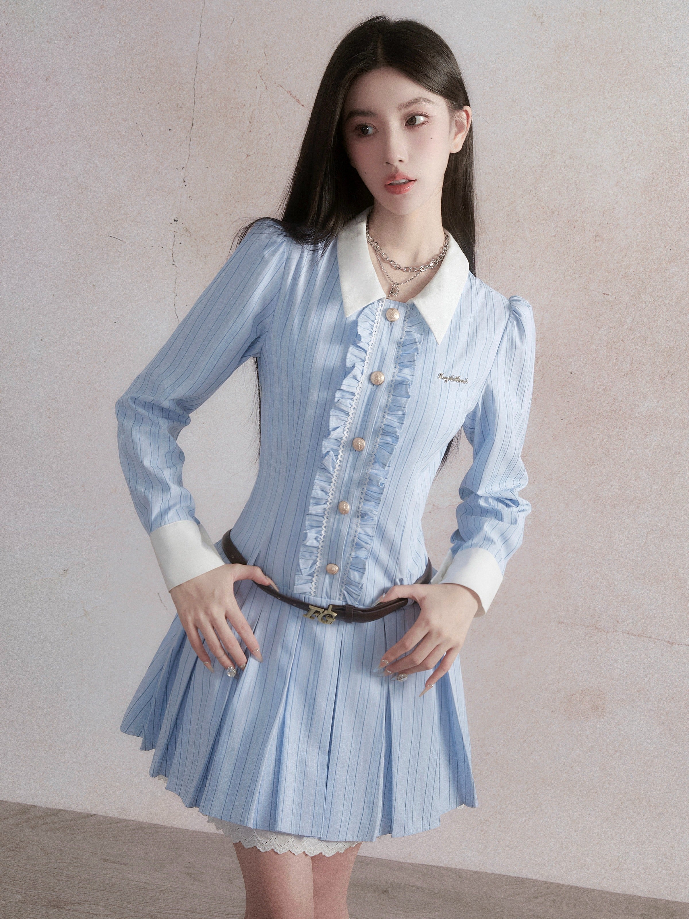 Vintage-Inspired Ruffled Chambray Mini Dress with Belt