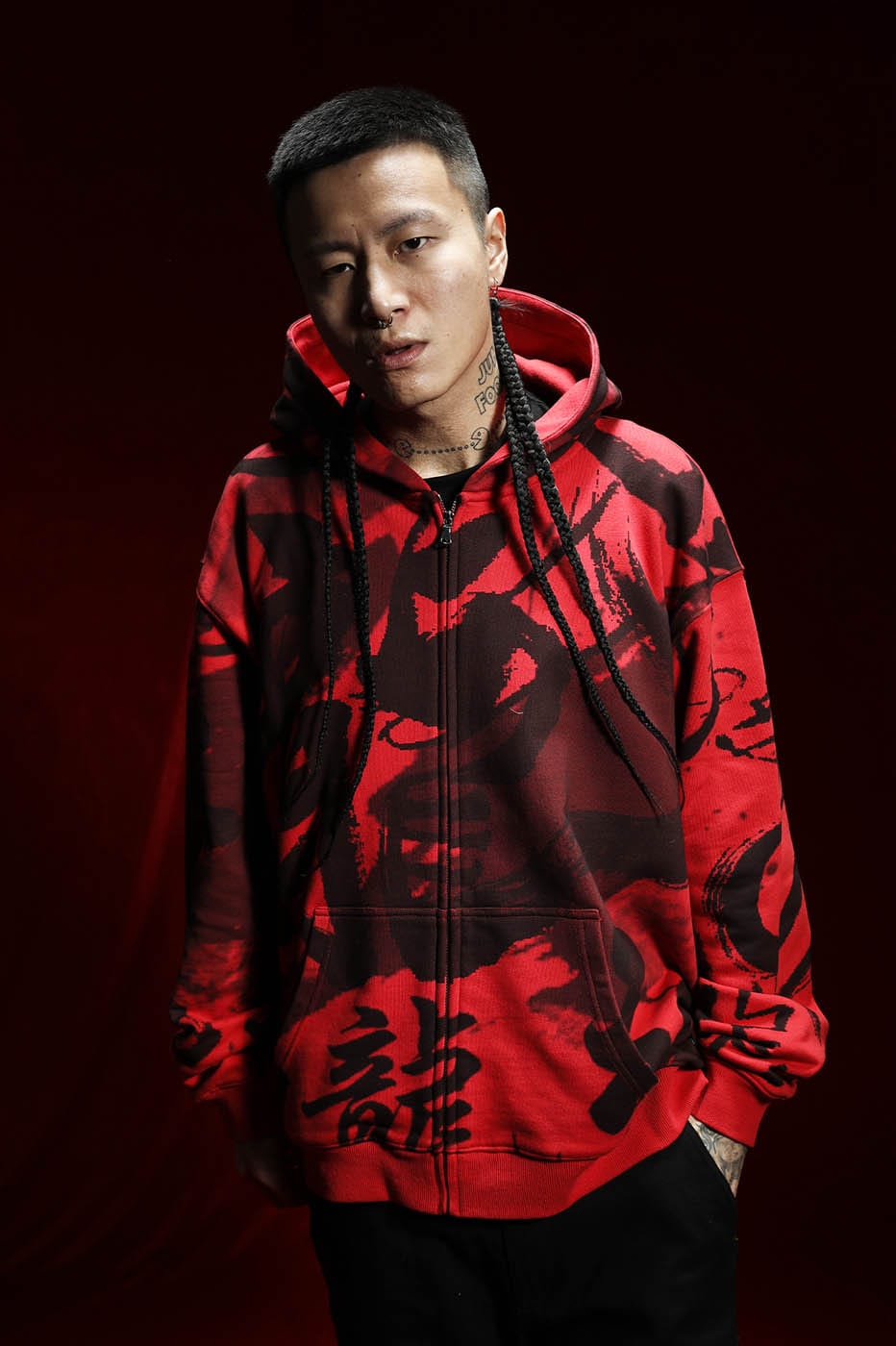 Chinese Calligraphy Print Zip-Up Hoodie