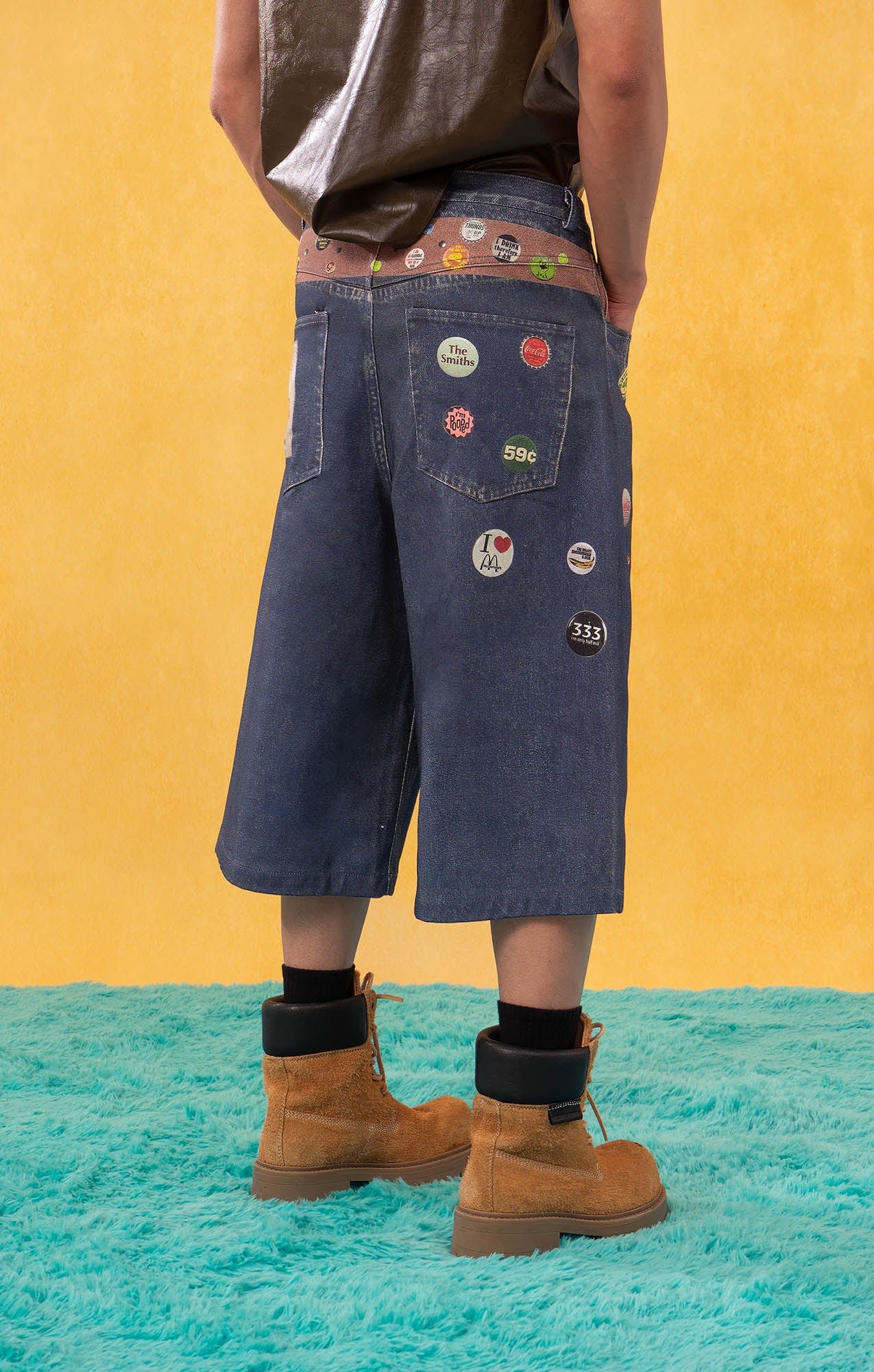 Wide-Leg Denim Shorts with Graphic Print and Button Details