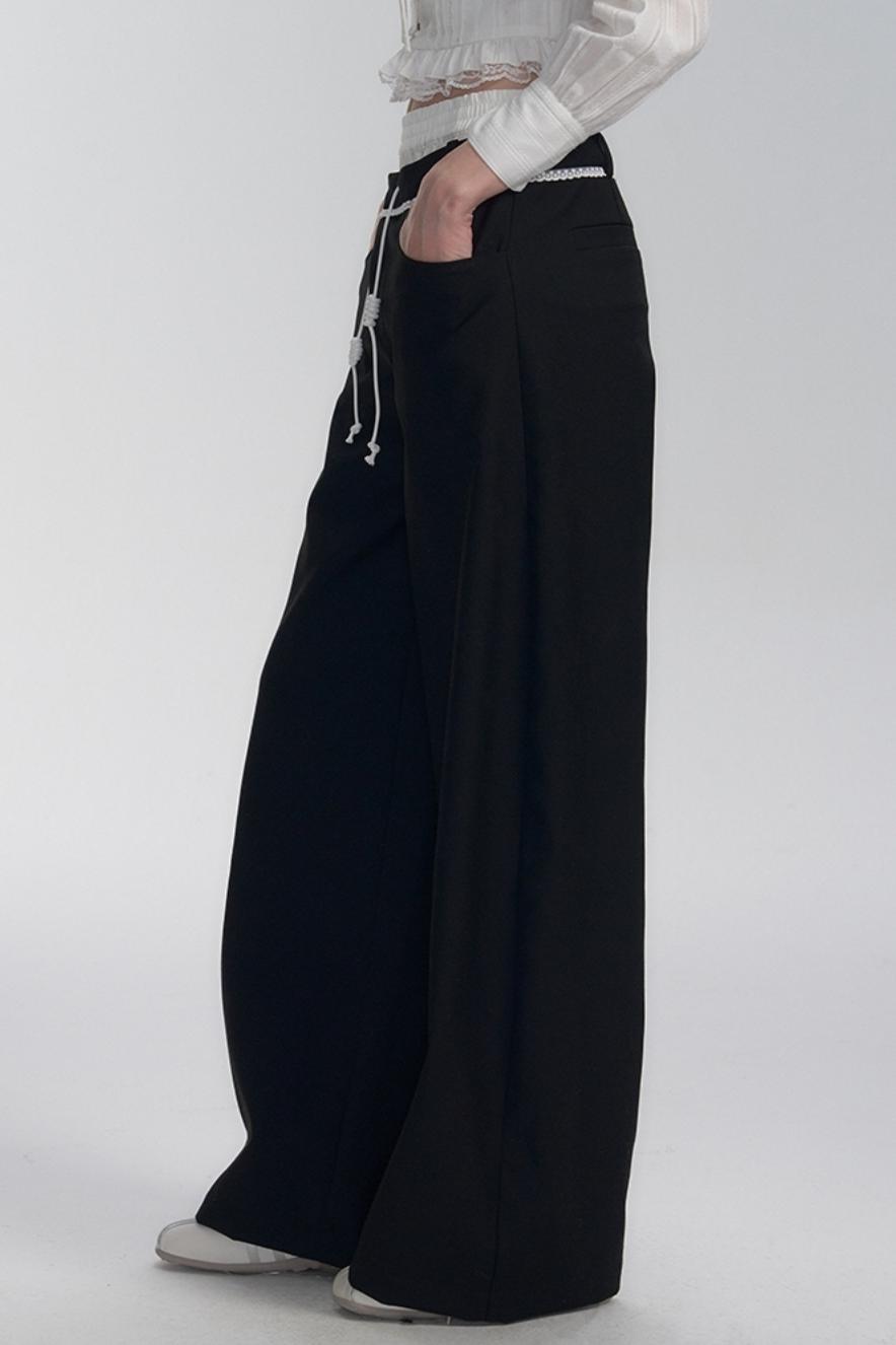 Drawstring Black Wide-Leg Pants